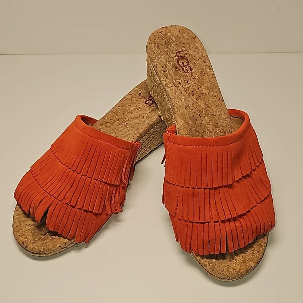 UGG Kendra Wedge Sandals Slides Espadrilles Suede Leather Fringe Cork Orange 7